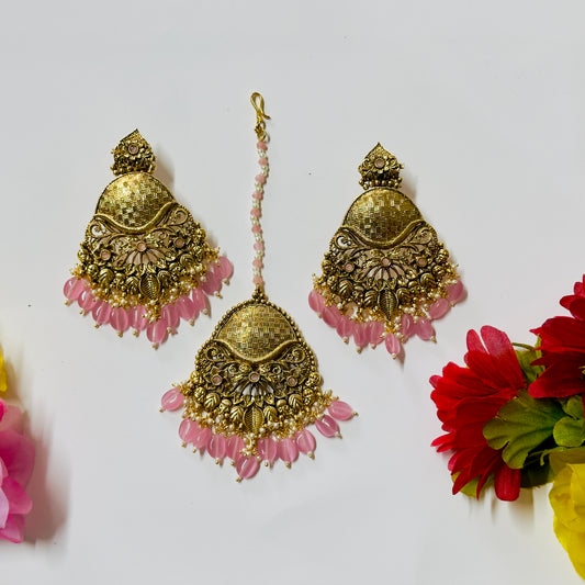 Antique gold plated Earrings and Tikka ph50